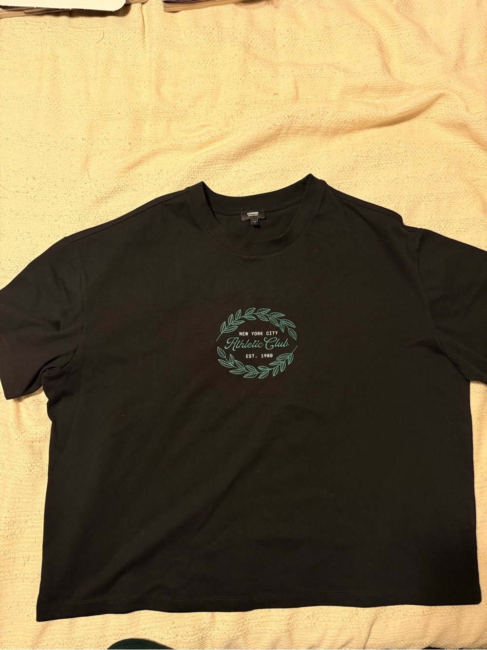 Men's Cropped style Black Crewneck T-Shirt with Green Athletic Crest